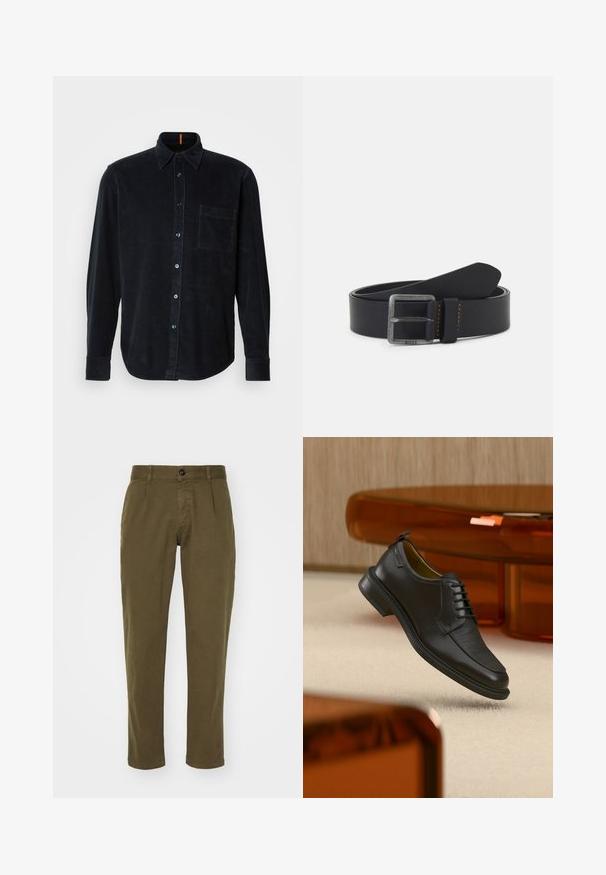 Chemise en velours côtelé bleu marine à manches longues avec un devant à boutonner, une poche poitrine et des boutons bleus. Texture douce avec un motif côtelé.; Pantalons en coton vert olive avec une coupe droite, dotés d'une fermeture à bouton à l'avant, de passants de ceinture et de poches latérales. Texture lisse.; Chaussure habillée noire en cuir à lacets avec devant texturé, flottant au-dessus d'un tapis beige dans une pièce moderne avec des meubles teintés d'ambre.; Ceinture en cuir noir avec une boucle en argent portant le logo de la marque, des coutures orange et une texture lisse. Design classique avec une finition élégante.