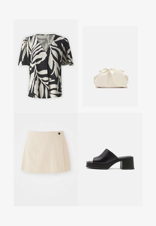Kortærmet bluse i sort og hvid. Bomuldsstof med et iøjnefaldende bladmønster, med V-udskæring og let puffede ærmer.; Lys beige mini skirt lavet af blød stof, med en omslag-design, færdig kant, og en enkelt mørk knapdetalje på siden.; Sorte læder platform sandals med rund åben tå, lav blokhæl og glat tekstur. Minimalistisk design med elegante linjer.; Blød, cremefarvet læder clutch taske med samlet, rynket design og en tynd skulderrem, der hviler foran på en ensfarvet baggrund.