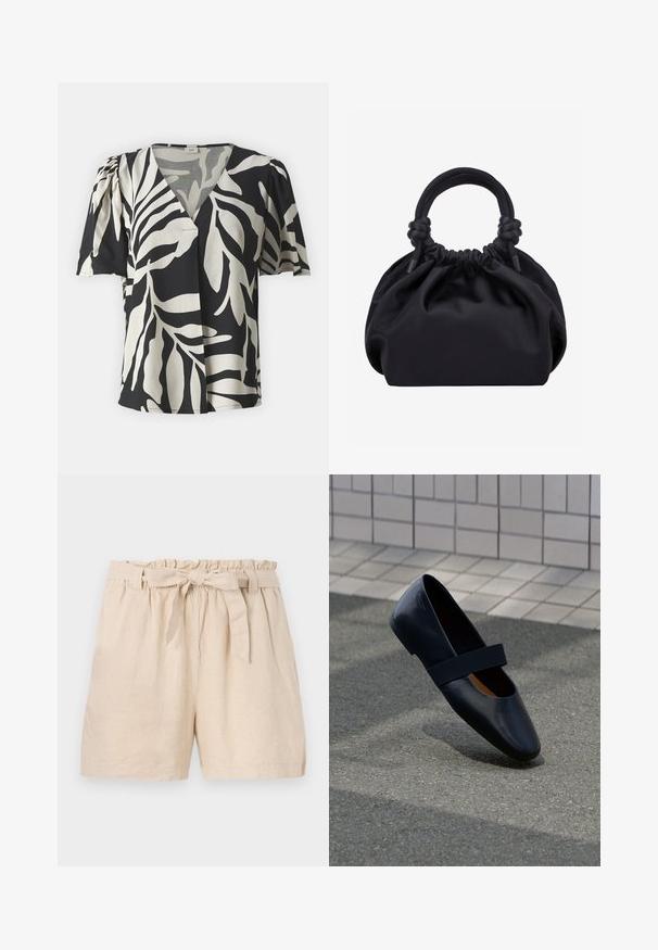 Kortærmet bluse i sort og hvid. Bomuldsstof med et iøjnefaldende bladmønster, med V-udskæring og let puffede ærmer.; Beige linnedshorts med elastisk livrem, flæset kant og en aftagelig bælte i snor. Har en afslappet pasform og glat, tekstureret stof.; Sort læder flad sko med rund tå, der har en blød sort elastisk strop over vristen. Glat tekstur og minimalistisk design.; Sort blød stofhåndtaske med samlet top og cirkulære polstrede håndtag bundet med knuder på hver side.