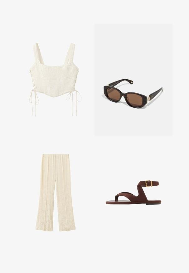 Camiseta corta de encaje blanco con tirantes anchos y laterales con cordones atados con lazos en la parte inferior.; Pantalones de pierna ancha color crema con sutiles patrones florales y cintura elástica, mostrados sobre un fondo blanco.; Sandalia de ante marrón con un diseño sin hebillas, correa en el tobillo con hebilla y suela plana. Punta abierta con una textura suave.; Gafas de sol de carey marrón con lentes rectangulares, acentos de hardware dorado en las patillas y brazos negros elegantes.