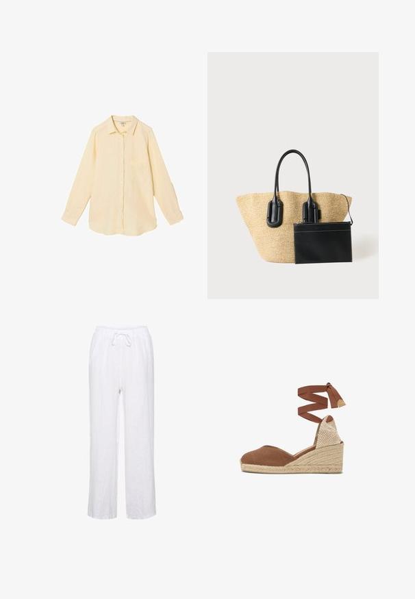 Camisa de manga larga de color amarillo pálido con botones, cuello y bolsillo en el pecho, colocada sobre un fondo blanco.; Pantalones de lino blancos con un ajuste relajado, que cuentan con una cintura elástica y cordones, y piernas rectas. Textura suave, tejido ligero.; Cuña espardeña marrón con suela de yute trenzado y correa para atar alrededor del tobillo.; Bolso tote tejido beige con asas de cuero negro y un bolso negro de cuero desmontable unido al frente.