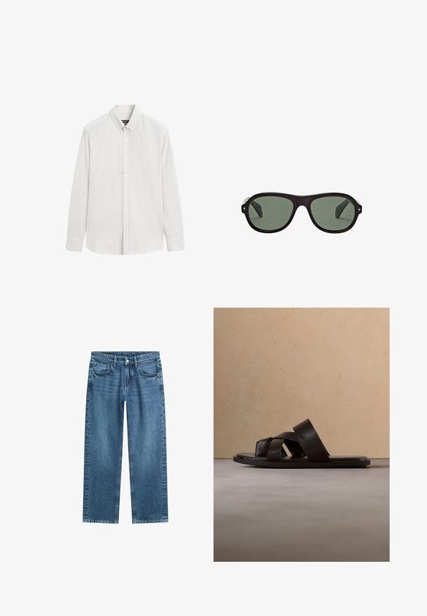 Hvid langærmet skjorte med tynde lodrette grå striber og klassisk krave, vist på en ensfarvet hvid baggrund.; Straight-leg blå denim jeans med klassisk fem-lomme design og knaplukning på hvid baggrund.; Sort lædersandal med tre krydsede stropper, flad sål og glat tekstur, hængende over et vævet naturskinds tæppe.; Sorte ovale solbriller med mørkegrønne linser og små sølvstjerneformede detaljer på kantene af stellet.