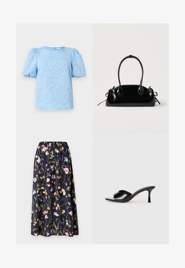 Blusa de manga corta azul claro con un patrón de bordado floral texturizado, escote redondo y mangas abullonadas voluminosas. Cierre de cremallera en la parte posterior.; Falda floral en azul marino con una cinturilla elástica, que presenta un estampado de flores rosas, azules y verdes sobre un tejido texturizado.; Mules de tacón alto de cuero negro con diseño de punta descubierta y una amplia correa superior curva. Textura suave y silueta elegante.; Pequeño bolso negro brillante con dos asas largas y detalles de cordón lateral sobre un fondo claro liso.