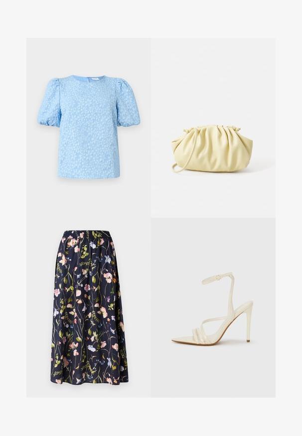 Blusa de manga corta azul claro con un patrón de bordado floral texturizado, escote redondo y mangas abullonadas voluminosas. Cierre de cremallera en la parte posterior.; Falda floral en azul marino con una cinturilla elástica, que presenta un estampado de flores rosas, azules y verdes sobre un tejido texturizado.; Sandalias de tacón alto beige con punta estrecha, que cuentan con tres tiras frontales y una tira delgada en el tobillo con hebilla. Textura lisa, diseño minimalista.; Bolso amarillo plisado hecho de cuero sintético suave, con una forma blanda y una sola correa para el hombro, además de un diseño de parte superior recogida.