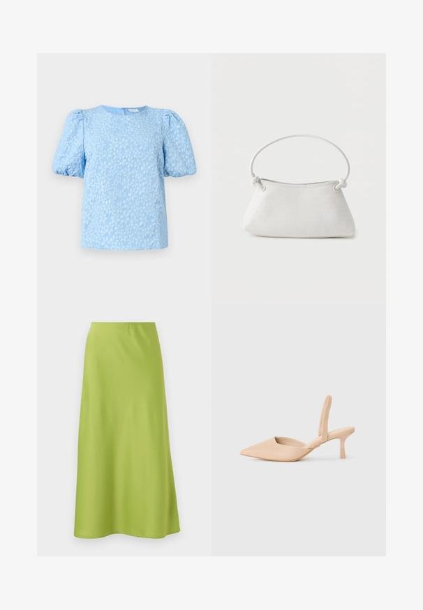 Blouse à manches courtes bleu clair avec un motif de broderie florale texturée, col rond et manches bouffantes volumineuses. Fermeture à glissière au dos.; Jupe mi-longue en tissu lisse et vibrant vert lime. Présente un design simple et ajusté avec une taille élastique et une silhouette fluide.; Chausson slingback beige à bout pointu avec un petit talon carré. Matériau synthétique lisse, côtés ouverts et détails de design minimalistes.; Sac à main en cuir tressé blanc avec poignée arrondie et extrémités de lanière nouées, présenté sur un fond uni.