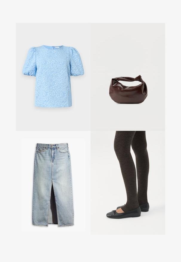 Lyseblå kortermet bluse med et teksturert blomstermønster, rund halslinning og voluminøse puffermer. Glidelås bak.; Lys blå denim skjørt med en frontspalte, fem-lomme design og knappelukking. Har falmede detaljer og rå kant.; Bein iført mørke ribbestrikkede leggings kombinert med svarte ballettsko med små sløyfedetaljer på hvit bakgrunn.; Mørkebrun skulderveske i skinn med en myk, slapp form og et håndtak med vridd knute på ensfarget hvit bakgrunn.