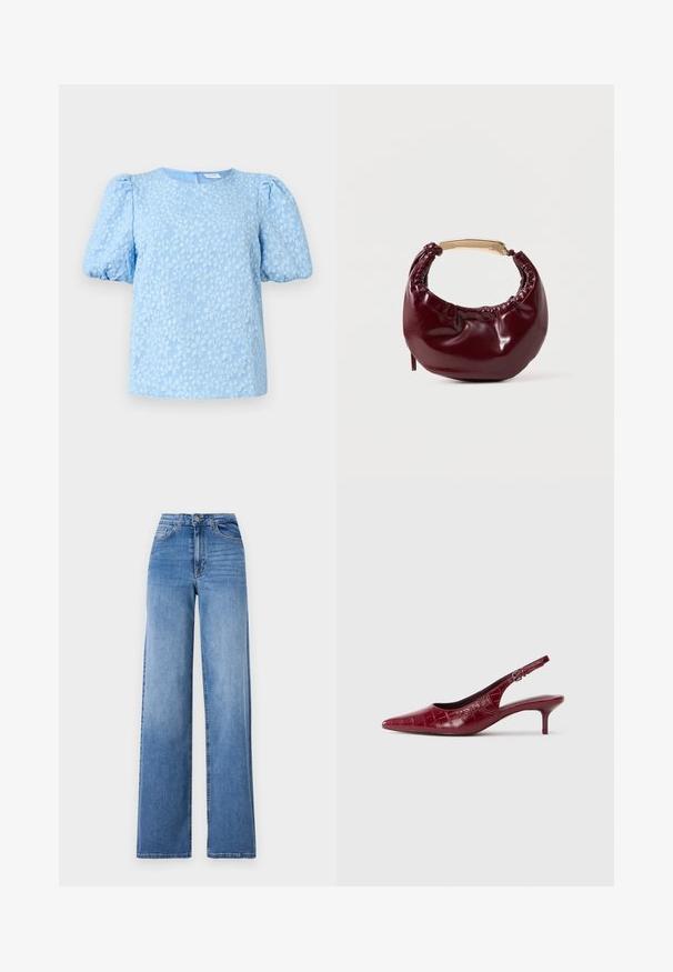 Lichtblauwe blouse met korte mouwen, voorzien van een textuur met een gebloemd borduurpatroon, ronde halslijn en volumineuze pofmouwen. Ritssluiting aan de achterkant.; Lichtblauwe wijd uitlopende spijkerbroek van denim, met een hoge taille, voorkruiszakken en een standaard knoopsluiting. Gladde textuur.; Bordeaux lederen slingback pump met krokodillenstructuur, puntige neus, verstelbare gesp en lage kittenhak op een witte achtergrond.; Bordeaux neplederen handtas met een ronde vorm, geplooide details en een handgreep van goudkleurig metaal. Gladde textuur en glanzende afwerking.