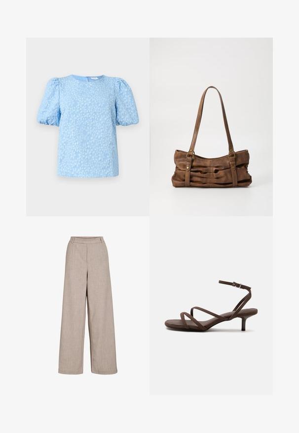 Helles blaues kurzärmliges Blusenshirt mit einem texturierten floralen Stickmuster, Rundhalsauschnitt und voluminösen Puffärmeln. Reißverschluss auf der Rückseite.; Beige weite Hosen aus leichtem Stoff. Sie besitzen eine glatte Textur, eine eng anliegende Taille und seitliche Taschen für praktische Details.; Braune Sandale mit hohem Absatz, dünnen gekreuzten Riemen und einem Knöchelriemen mit silberner Schnalle vor weißem Hintergrund.; Even&Odd Handtasche - brown