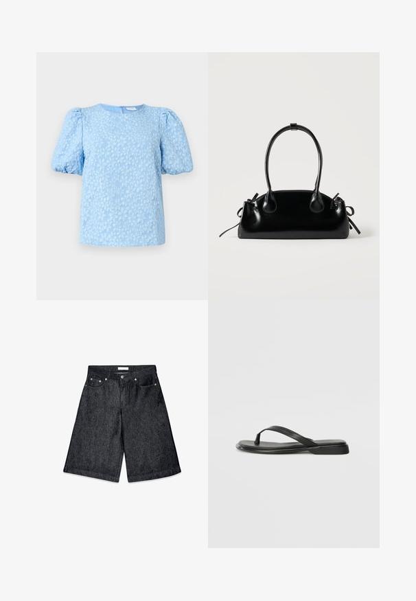 Helles blaues kurzärmliges Blusenshirt mit einem texturierten floralen Stickmuster, Rundhalsauschnitt und voluminösen Puffärmeln. Reißverschluss auf der Rückseite.; Schwarze Denim-Shorts mit lockerer Passform, ausgestattet mit einem Knopf- und Reißverschluss, fünf Taschen und einem rohen Saum.; Schwarze Flip-Flops aus glattem Leder, mit einem dünnen Riemendesign und einer flachen Sohle mit minimalem Profil. Keine bemerkenswerten Muster oder Akzente.; Kleine schwarze glänzende Handtasche mit zwei langen Griffen und seitlichen Kordelzug-Details vor einfachem hellem Hintergrund.