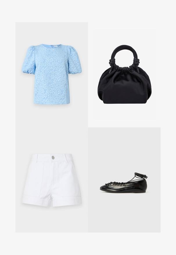 Helles blaues kurzärmliges Blusenshirt mit einem texturierten floralen Stickmuster, Rundhalsauschnitt und voluminösen Puffärmeln. Reißverschluss auf der Rückseite.; Weiße Jeansshorts mit hoher Taille, zwei Fronttaschen und silberner Knopfverschluss. Gerader Beinschnitt mit umgeschlagenen Säumen.; Schwarze Ballerinas aus Lackleder mit runder Spitze, Schnürdesign und flacher Sohle. Glatte Textur mit minimaler Verzierung.; Schwarze weiche Stoffhandtasche mit gerafftem oberen Rand und runden, gepolsterten Griffen, die auf jeder Seite mit Knoten gebunden sind.