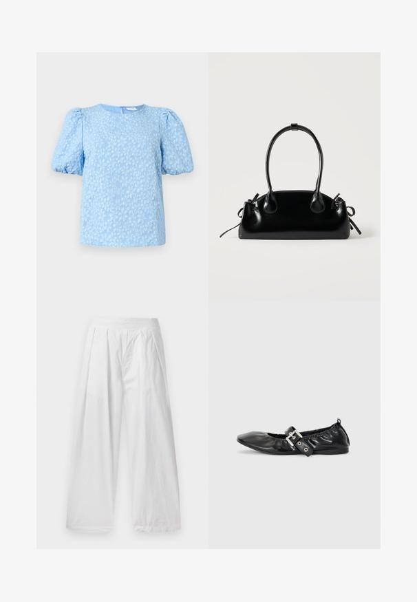 Blouse à manches courtes bleu clair avec un motif de broderie florale texturée, col rond et manches bouffantes volumineuses. Fermeture à glissière au dos.; Pantalons larges blancs en tissu léger. Dotés d'une coupe ample, de plis à l'avant et d'une taille élastique.; Chaussure plate en cuir noir avec un nez pointu, des détails froncés autour de l'ouverture et un accent en boucle argentée sur la bride ajustable.; Petit sac à main noir brillant avec deux longues anses et des détails à cordon sur les côtés sur un fond clair uni.