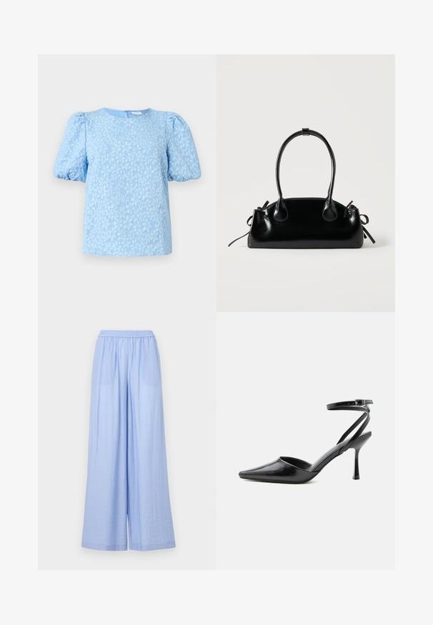 Blouse à manches courtes bleu clair avec un motif de broderie florale texturée, col rond et manches bouffantes volumineuses. Fermeture à glissière au dos.; Pantalons larges bleu clair en tissu texturé, avec une taille élastique et deux poches latérales.; Escarpin noir à bout pointu avec fines brides de cheville et fermeture à boucle argentée sur fond clair uni.; Petit sac à main noir brillant avec deux longues anses et des détails à cordon sur les côtés sur un fond clair uni.