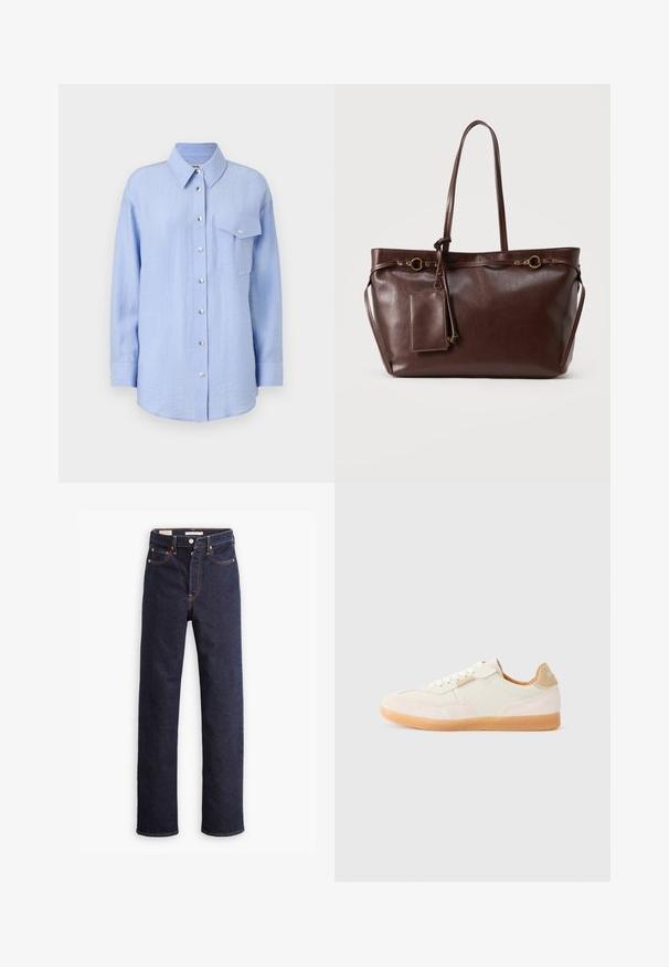 Lichtblauw overhemd met knoopsluiting, gemaakt van gestructureerde stof, met een kraag, borstzak en metalen knopen langs de voorkant.; Donkerblauwe straight-leg denim jeans met vijf zakken en zichtbare oranje stiksels op een witte achtergrond.; Lichtbeige sneakers met een combinatie van gladde en suède texturen, voorzien van veters, rubberen zolen en een tan kleurige hielaccent.; Donkerbruine leren draagtas met twee lange hengsels, decoratieve gouden ringen en een aangehechte rechthoekige pouch met ritssluiting.