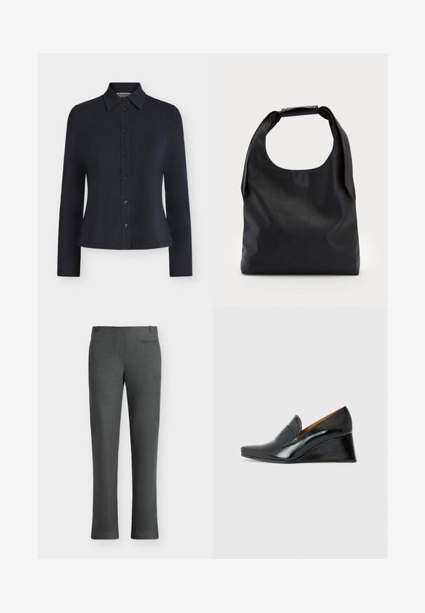 Chemise noire à manches longues avec boutons, col pointu et taille cintrée, présentée sur un fond clair uni.; Pantalon formel gris foncé sur mesure avec passants pour ceinture et une seule poche passepoilée sur le côté droit sur un fond clair.; Chie Mihara VECINO - Escarpins compensés - black; Sac à main en cuir noir avec une grande ouverture sur le dessus et une seule bandoulière. Texture douce, design minimaliste, avec des accents métalliques discrets.