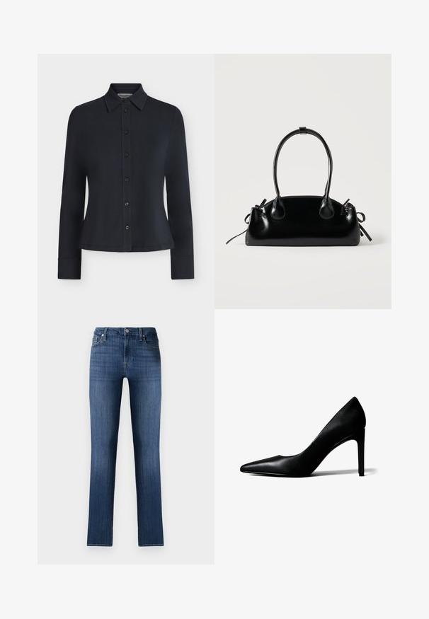 Sort skjorte med lange ærmer og knapper, med spids krave og figursyet talje, vist på en ensfarvet lys baggrund.; Mørkeblå denimjeans med lige pasform, klassisk fem-lomme design, frontknaplukning og subtilt slid, der giver en brugt effekt.; Sort læder damesko med spids tå og høj, slank stilet-hæl på hvid baggrund.; Lille sort blank håndtaske med to lange håndtag og snøre-detaljer i siden på en ensfarvet lys baggrund.