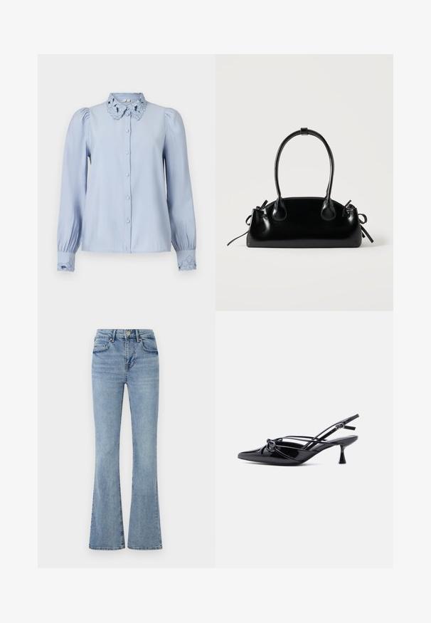 Lichtblauw overhemd met knopen, geborduurde bloemen op kraag en manchetten, lange mouwen en een iets losse pasvorm. Gladde textuur.; Lichtblauwe denim jeans met een hoge taille, een knoop- en ritsluiting aan de voorkant, vijf zakken en licht uitlopende pijpen.; Zwarte slingback pump van lakleer met een spits toelopende neus, lage kittenhak en decoratieve knoopstrik aan de voorkant.; Kleine zwarte glanzende handtas met twee lange hengsels en zijkant trekkoord details op een effen lichte achtergrond.