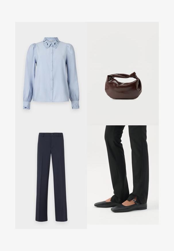 Lyseblå skjorte med knapper, broderet blomsterkrave og manchetter, lange ærmer og en let løs pasform. Glat tekstur.; Marineblå lige ben bukser lavet af et glat stof. Har en frontknaplukning og sidelommer. Simpelt og moderne design.; Ben iført sorte smalle bukser med forreste slidser ved kanten, parret med sorte flade Mary Jane-sko med lille spænde.; Mørkebrun læder skuldertaske med en blød, afslappet form og et snoet knudehåndtag på en ensartet hvid baggrund.