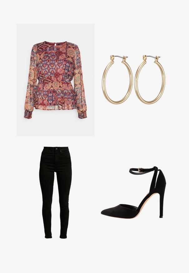 Vero Moda Petite VMPHILINE O NECK - Bluse - sundried tomate; Schwarze hochgeschnittene Skinny-Jeans aus Denim mit leichtem Stretch, ausgestattet mit einem Reißverschluss, einem einzelnen Knopfverschluss und einem Fünf-Taschen-Design.; Schwarze Wildleder-Pumps mit spitzer Zehe, Knöchelriemen und Stiletto-Absatz. Das Design zeichnet sich durch eine glatte Textur mit minimalen Verzierungen aus.; Goldfarbene Metall-Ohrringe in Form von Kreisen mit einem glatten, runden Design und einem gesicherten Klappverschluss. Leicht und mit einer polierten Oberfläche.
