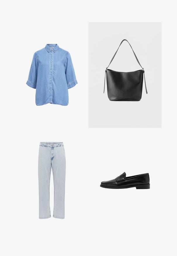 Lichtblauw denim overhemd met knoopsluiting, korte brede mouwen en een puntige kraag, weergegeven tegen een witte achtergrond.; Lichtblauwe denim jeans met een recht gesneden ontwerp, voorzien van een conventionele knoop- en ritsopening, en een licht versleten textuur.; Mango Instappers - black; Zwarte leren schoudertas met een brede enkele band en subtiele zilveren details tegen een effen witte achtergrond.