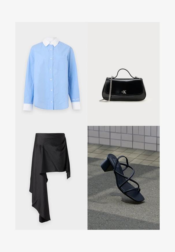 Lyseblå skjorte med knapper, hvid krave, lange ærmer, brystlomme og hvide manchet detaljer. Blødt bomuldsstof, minimalistisk design.; Sort omslagskørt lavet af glat, letvægtsstof. Har en asymmetrisk kant og sammensat detaljering i taljen for en flydende silhuet.; Sort hælsandal med tynde krydsede stropper, der hviler på en brolagt jord nær en flisebeklædt væg.; Sort læderhåndtaske med en kædestrop, struktureret form og et sølvlogo. Glat overflade med flaplukning.