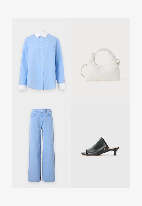 Camisa azul claro con botones, cuello blanco, mangas largas, bolsillo en el pecho y detalles blancos en los puños. Tela de algodón suave, diseño minimalista.; Vaqueros de corte amplio de color azul claro, fabricados en denim. Presentan una cintura ajustada con trabillas para el cinturón y bolsillos frontales, detalles en las costuras y un dobladillo limpio.; Mules de cuero negro de punta abierta con un tacón bajo. Presentan una superficie lisa y un acento del logo dorado en el costado.; Bolso de mano blanco hecho de material sintético texturizado, con un asa curva, patrón geométrico y correa de hombro desmontable con acentos metálicos.