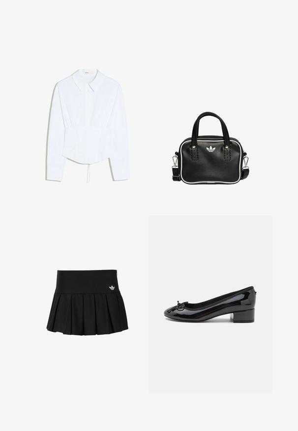 Blouse blanche à manches longues avec col pointu, fermeture boutonnée devant, taille cintrée et cordon de serrage au bas de l'ourlet.; adidas Originals Minijupe - black; Ballerines noires en cuir verni avec un bout rond, un petit talon bloc et un nœud décoratif à l'avant. Surface lisse et doublure rembourrée.; Sac à main en cuir noir avec deux poignées courtes, quincaillerie argentée, accents blancs et un logo blanc. Présente une surface texturée et un design compact.