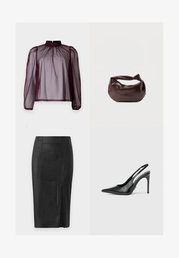 Blusa burgundy transparente con cuello alto, mangas largas y detalles fruncidos. La tela parece ligera con una textura suave.; Falda lápiz negra con una textura suave y elegante, con abertura lateral y costuras a medida, diseñada para una silueta ajustada.; Zapato de salón de tacón alto slingback de charol negro, punta puntiaguda, lados recortados y tacón delgado. Acabado brillante con detalles mínimos en herrajes.; Bolso de hombro de cuero marrón oscuro con una forma suave y caída, y un asa con nudo torcido sobre un fondo blanco liso.