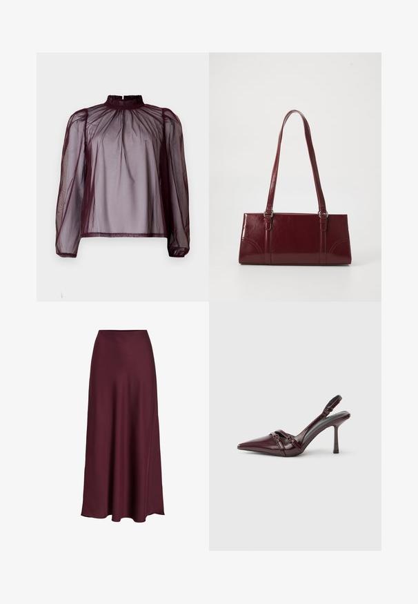 Burgunderfarbene, durchsichtige Bluse mit hohem Kragen, langen Ärmeln und gerafften Details. Der Stoff wirkt leicht und hat eine glatte Textur.; Burgunderfarbene Satin-Maxikleid mit glatter Textur, hoher Taille und fließender Silhouette, die sich sanft zur Saumkante hin ausläuft.; Bordeauxroter Slingback-Pumps aus Lackleder mit spitz zulaufender Vorderkappe, dünnem Knöchelriemen und kleiner dekorativer Schnalle. Glatte Textur und hoher Absatz.; Burgunderfarbene Handtasche aus glänzendem Material, rechteckige Form, mit zwei Schulterriemen und subtilen, geschwungenen Akzenten an der Vorderseite.