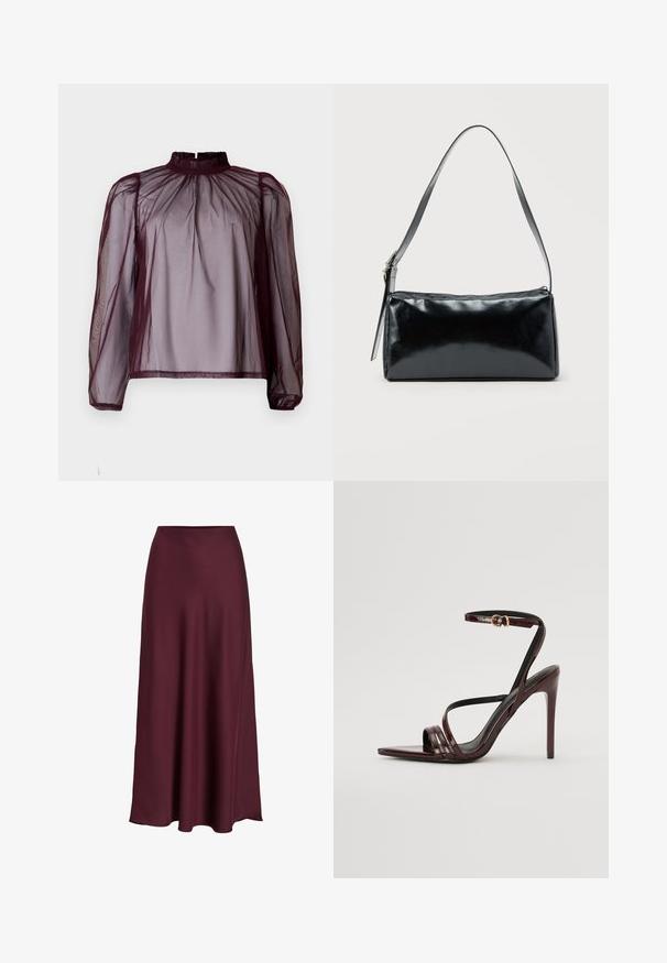 Bordeaux gennemsigtig bluse med høj hals, lange ærmer og samlet detalj. Stoffet virker let og har en glat tekstur.; Bordeaux satin maxiskirt med en glat tekstur, høj talje og en flydende silhuet, der svømmer blidt ud mod nederkanten.; Bordeaux laker læder højhælede sandal med ankelrem, spids tå og tre vandrette remme over foden. Detalje med spænde i guldtonet.; Sort rektangulær skuldertaske med en enkelt justerbar rem og lynlås i toppen på en ensfarvet baggrund.