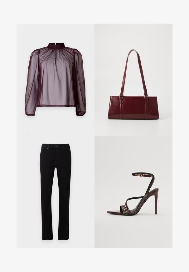 Bordeaux gennemsigtig bluse med høj hals, lange ærmer og samlet detalj. Stoffet virker let og har en glat tekstur.; Sorte denimjeans med lige ben. Har fem lommer, en frontknaplukning og subtile syninger langs sømmene.; Bordeaux laker læder højhælede sandal med ankelrem, spids tå og tre vandrette remme over foden. Detalje med spænde i guldtonet.; Bordeaux håndtaske lavet af glansfuldt materiale, rektangulær form, med to skulderremme og subtile buede detaljer på forsiden.