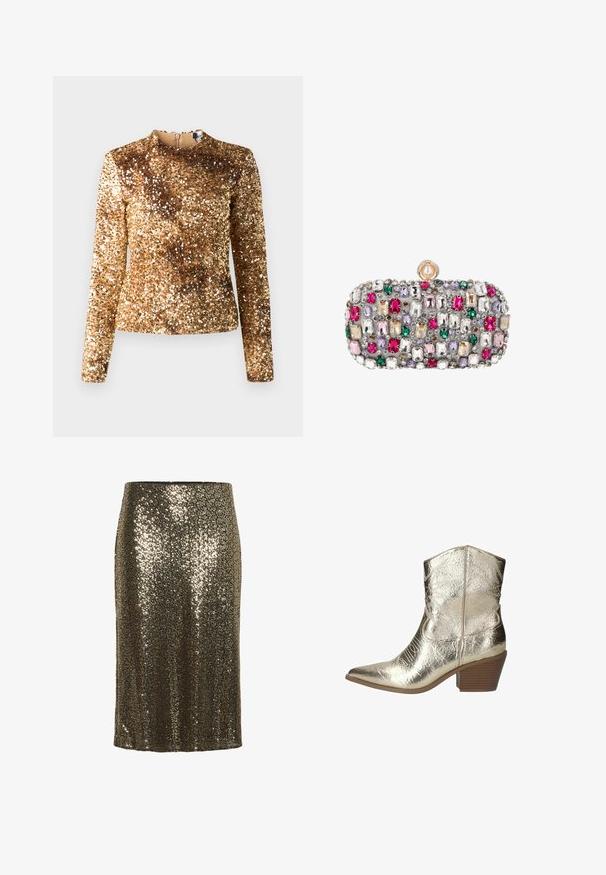 Gouden pailletten top met lange mouwen, een hoge halslijn en een getailleerd silhouet. Gladde textuur, uniform glinsterend patroon, verborgen ritssluiting aan de achterkant.; Lange pailletten pencil skirt in gouden en bronzen tinten, strakke pasvorm, gladde voering, knie-lengte, met glinsterende reflecterende details.; Metallic gouden enkellaars met een spitse neus, geemboste textuur en een gestapelde hak van 6,5 cm. Gedetailleerde stiksels langs de zijkanten.; Rechthoekige clutch bedekt met meerkleurige rechthoekige en ronde edelstenen met een ronde parelsluiting bovenop.