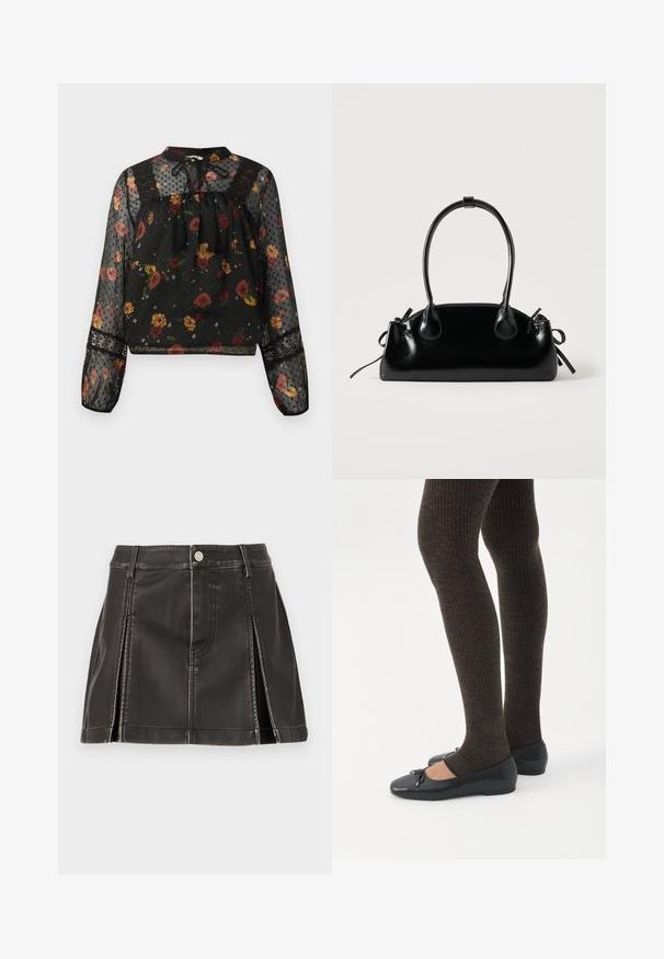 Blusa negra transparente de manga larga con un patrón floral multicolor, detalles de encaje, textura de puntos y un cuello con borlas atadas.; Falda de piel sintética negra con cintura alta, que presenta detalles de costura y pliegues laterales. Cierre de botón metálico en la parte frontal.; Piernas con leggings oscuros acanalados combinados con bailarinas negras que presentan pequeños detalles de lazo sobre un fondo blanco.; Pequeño bolso negro brillante con dos asas largas y detalles de cordón lateral sobre un fondo claro liso.