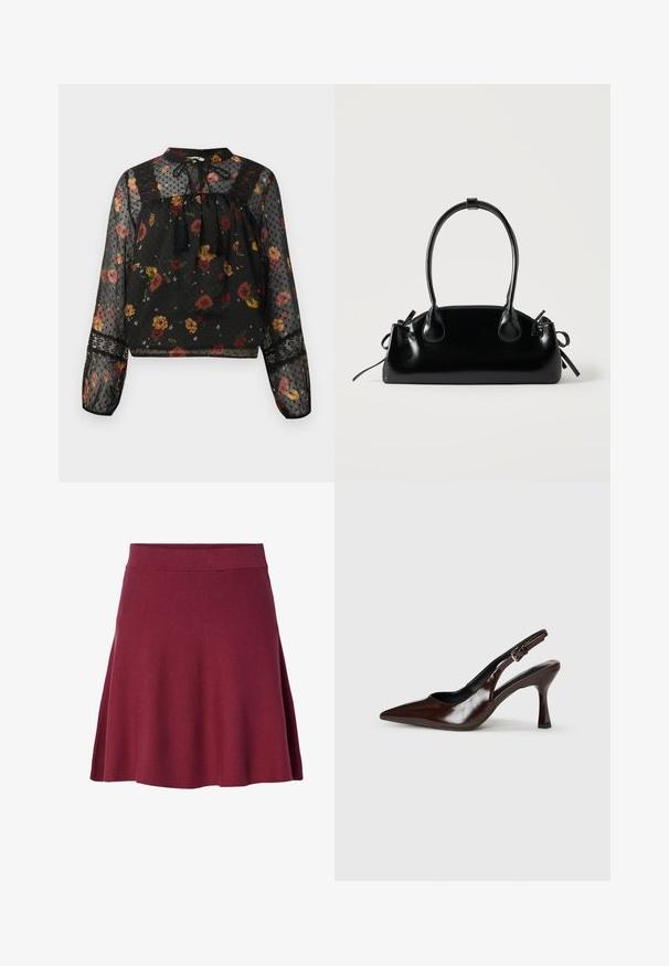 Zwarte doorschijnende blouse met lange mouwen, multicolore bloemenpatroon, kantdetails, stiptextuur en een geknoopte franjesluiting aan de hals.; Bordeaux knielange rok van zacht, rekbaar materiaal; uitlopende stijl met een soepele tailleband en geen zichtbare sluitingen of patronen.; Bruine gepatineerde leren slingback pumps met een spitse neus, een dunne hak en een verstelbaar bandje met een kleine gesp.; Kleine zwarte glanzende handtas met twee lange hengsels en zijkant trekkoord details op een effen lichte achtergrond.