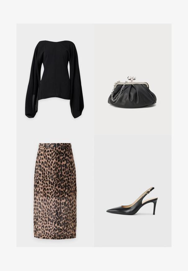 Sort off-shoulder bluse med brede, flydende lange ærmer og en tætsiddende talje, vist på en ensartet lysegrå baggrund.; Leopardmønstret blyantskirt i beige og sort. Glat stof, tætsiddende design med knælang skæring og en skjult talje. Ingen synlige lukninger.; Sorte læder slingback højhælede sko med spids tå, justerbar rem og en slank stiletto hæl, der har en glat finish.; Sort læder clutch med samlet tekstur, sølvfarvet metalramme, kys-lås lukning og kædestrop. Glat, blød overflade.