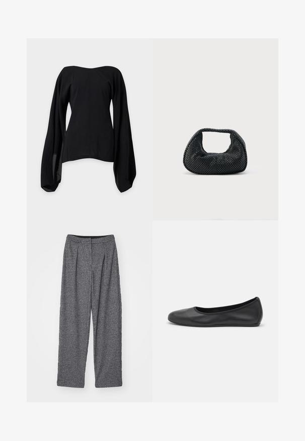 Blouse noire épaules dénudées avec larges manches longues fluides et taille cintrée, présentée sur un fond gris clair uni.; Pantalon gris à carreaux avec une taille haute, une coupe évasée et des plis. Fabriqué en tissu texturé avec un motif monochrome.; Ballerines en cuir noir avec un bout rond, texture lisse, détails de couture minimalistes et design de semelle flexible.; Sac hobo tissé noir avec une structure souple et une poignée intégrée, présenté sur un fond clair uni.