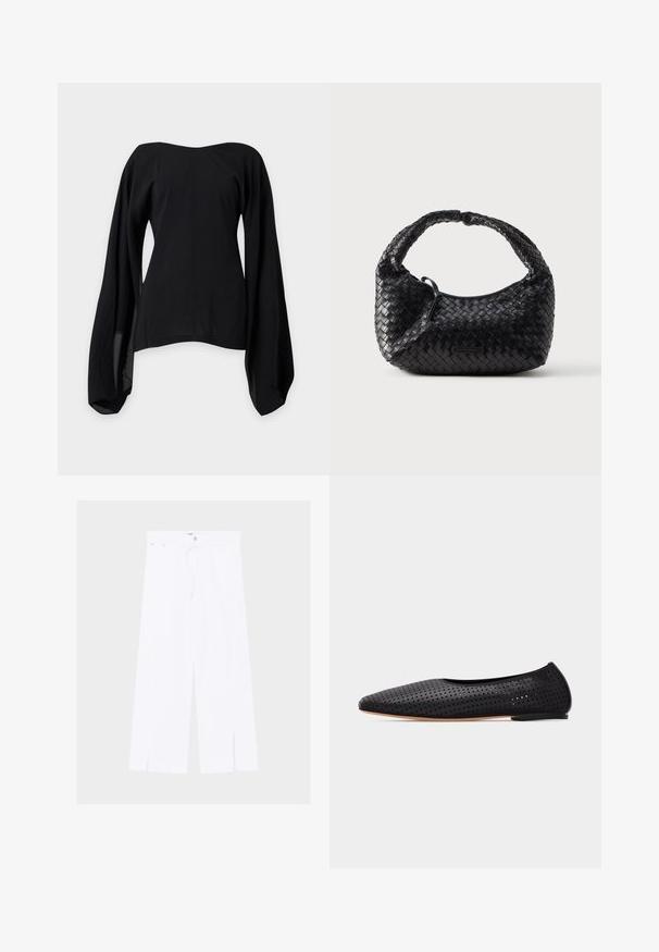 Blusa negra sin hombros con mangas largas anchas y fluidas y cintura ajustada, mostrada sobre un fondo liso gris claro.; Pantalones blancos de pierna ancha con aberturas delanteras en el bajo, cierre de botón y cremallera, y cinturilla estrecha con trabillas.; Bailarina de cuero negro perforado con punta afilada y tacón bajo, mostrada de perfil sobre un fondo blanco.; Bolso tejido negro con forma redondeada, acabado texturizado y asa curvada. Cuenta con un sutil detalle de logo en el frente.