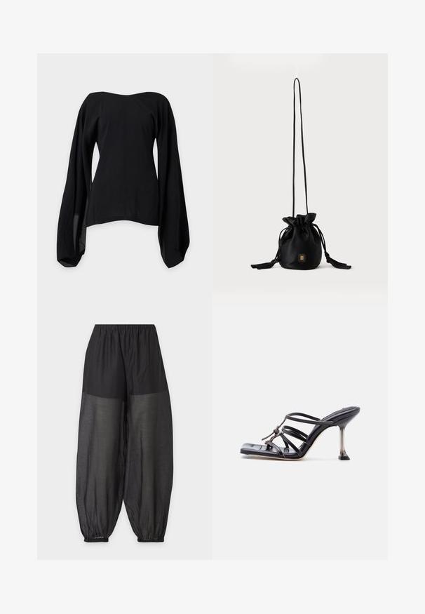 Blouse noire épaules dénudées avec larges manches longues fluides et taille cintrée, présentée sur un fond gris clair uni.; Pantalon noir à jambes larges avec taille élastique et poignets élastiques froncés, en tissu semi-transparent de la mi-cuisse à la cheville.; Sandale à talon haut noire avec brides fines, bout carré et talon stiletto mince, présentant des brides qui se croisent et un nœud décoratif sur le dessus.; Sac seau noir à cordon avec une longue sangle fine et un petit logo carré doré sur le devant, présenté sur un fond uni.