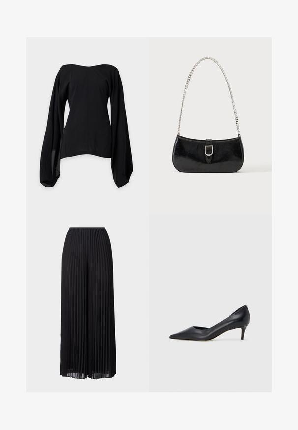 Zwarte off-shoulder blouse met brede, vloeiende lange mouwen en een aansluitende taille, afgebeeld op een effen lichtgrijze achtergrond.; Zwarte plooien brede broek met een elastische tailleband. Gemaakt van lichtgewicht stof, met verticale plooien over de hele lengte.; Zwarte leren pump met een puntige neus en lage hak. Heeft een gladde textuur en een subtiele glans. Open uitsparing aan de voorkant voor extra detail.; Zwarte lakleren schoudertas met een zilveren gespdetail en een zilveren kettingriem, getoond tegen een effen lichte achtergrond.