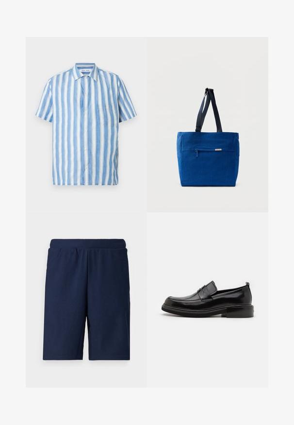 Korte mouwen overhemd in lichtblauw en wit met verticale strepen, gemaakt van linnen met een puntige kraag en een enkele borstzak.; Marineblauwe sportshorts met een geribbelde textuur, een elastische tailleband en een rechte snit, ontworpen voor comfort en bewegingsvrijheid.; Calvin Klein MOCCASIN - Zakelijke loafers - black; Blauwe canvas boodschappentas met een voorvak met rits, dubbele schouderbanden en een rechthoekige vorm. Heeft een subtiel merklabel.