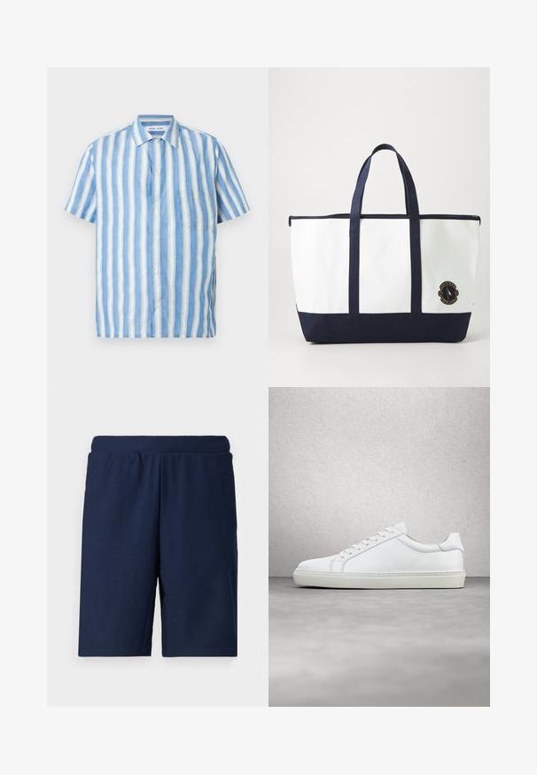 Kurzarmhemd mit hellblauen und weißen vertikalen Streifen, gefertigt aus Leinen, mit spitzem Kragen und einer einzelnen Brusttasche.; Navyblaue Sportshorts mit gerippter Textur, elastischem Bund und geradem Schnitt, entworfen für Komfort und Bewegungsfreiheit.; Weißer Sneaker mit glattem Lederobermaterial und niedrigem Profil. Verfügt über eine runde Zehenpartie, sechs Ösen und eine strukturierte Gummisohle.; Tote-Bag aus weißem Canvas mit marineblauen Akzenten. Verfügt über zwei robuste Griffe und ein Logo-Patch auf der Vorderseite. Rechteckige Form.