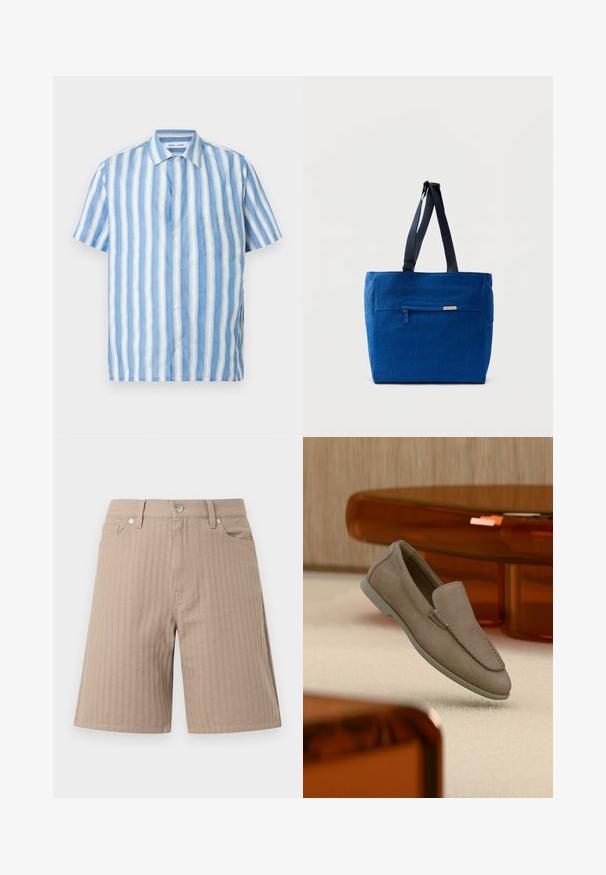 Chemise à manches courtes à rayures verticales bleu clair et blanc, en lin, avec col pointu et une poche poitrine unique.; Shorts beiges en tissu texturé avec des rayures verticales, une ceinture avec un bouton avant et des poches latérales.; Mocassin beige en daim à enfiler avec coutures visibles et semelle claire, positionné au-dessus d'un tapis crème, avec un meuble translucide orange en arrière-plan.; Sac fourre-tout en toile bleue avec une poche zippée à l'avant, des doubles bretelles et une forme rectangulaire. Dispose d'une étiquette de marque discrète.