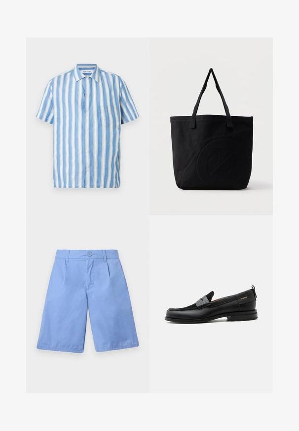 Chemise à manches courtes à rayures verticales bleu clair et blanc, en lin, avec col pointu et une poche poitrine unique.; Shorts bleu clair en coton, avec une fermeture à boutons, deux poches avant, une coupe décontractée, et des plis sur le devant.; Mocassin en cuir noir avec détail de bride grise, talon bas et semelle texturée, marqué "HUGO" en or sur le côté.; Sac fourre-tout en toile noire avec deux bandoulières et un motif circulaire discret en relief sur le devant.