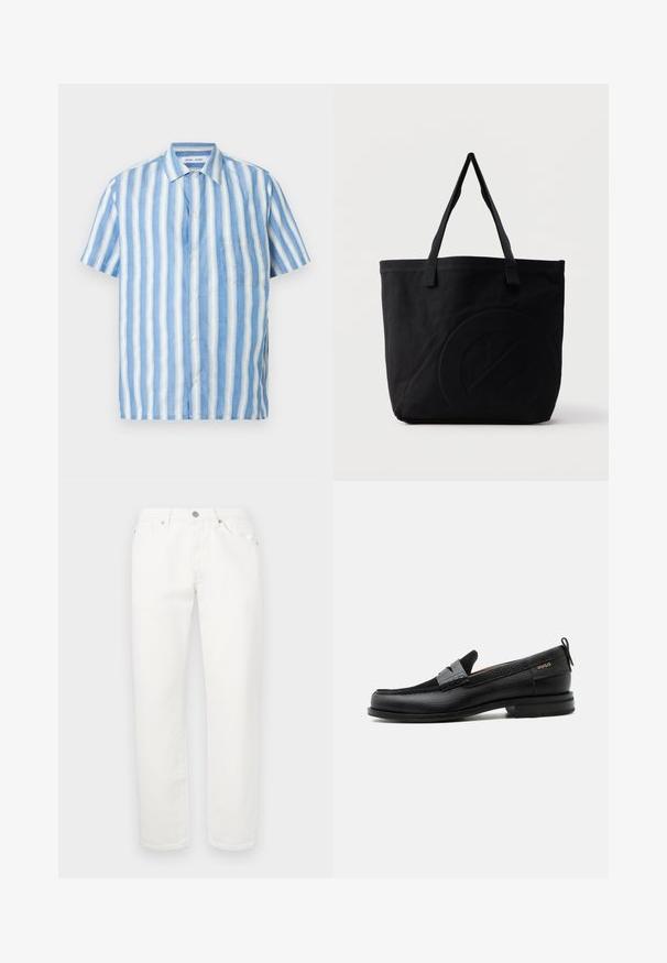 Camisa de manga corta en rayas verticales azul claro y blanco, confeccionada en lino con cuello pico y un bolsillo en el pecho.; Pantalones de mezclilla blanca con un diseño de pierna recta. Presenta un clásico diseño de cinco bolsillos, cierre de botón metálico y una ligera textura.; Mocasín de cuero negro con detalle de tira gris, tacón bajo y suela texturizada, con la marca "HUGO" en oro en el lateral.; Bolsa tote de lona negra con dos correas para el hombro y un diseño circular en relieve sutil en el frente.