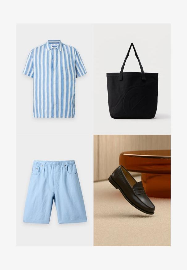 Chemise à manches courtes à rayures verticales bleu clair et blanc, en lin, avec col pointu et une poche poitrine unique.; Shorts bleu clair avec une taille élastique, deux poches avant et une texture lisse. Fabriqués à partir d'un tissu doux, adaptés à un usage décontracté.; Chaussure mocassin en cuir noir suspendue au-dessus d’un tapis beige avec du mobilier moderne couleur ambre en arrière-plan.; Sac fourre-tout en toile noire avec deux bandoulières et un motif circulaire discret en relief sur le devant.