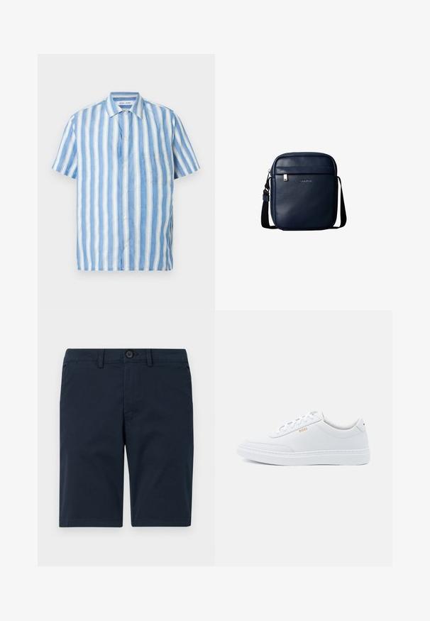 Camisa de manga corta en rayas verticales azul claro y blanco, confeccionada en lino con cuello pico y un bolsillo en el pecho.; Pantalones cortos azul marino hechos de una mezcla de algodón, con cierre de botón, trabillas para cinturón y dobladillo recto con un detalle mínimo.; Zapatillas de cuero blanco con textura suave, puntera redondeada y costuras tonales. Cuentan con cordones azules y un logo dorado en el lateral.; Bolso bandolera de cuero azul oscuro con bolsillo delantero con cremallera y correa de hombro negra ajustable.