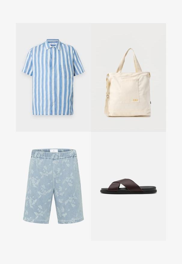 Camisa de manga corta en rayas verticales azul claro y blanco, confeccionada en lino con cuello pico y un bolsillo en el pecho.; Pantalones cortos de mezclilla azul claro con un sutil patrón floral, cinturilla elástica y corte recto. Sin bolsillos visibles.; Sandalia deslizante de tiras cruzadas en color marrón con acabado mate, suela negra plana y textura suave. Diseño minimalista sin herrajes visibles.; Bolsa tote de lona color crema con bolsillo delantero, dos asas, correa de hombro ajustable y pequeño texto amarillo "O.N.S" en la parte inferior derecha del bolsillo.