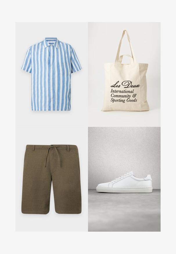 Kurzarmhemd mit hellblauen und weißen vertikalen Streifen, gefertigt aus Leinen, mit spitzem Kragen und einer einzelnen Brusttasche.; Olivgrüne Leinen-Shorts mit flachem Frontschnitt, Kordelzugbund und seitlichen Taschen; strukturierter Stoff mit lockerer, lässiger Passform.; Weißer Sneaker mit glattem Lederobermaterial und niedrigem Profil. Verfügt über eine runde Zehenpartie, sechs Ösen und eine strukturierte Gummisohle.; Beige Baumwolltragetasche mit zwei stabilen Tragegriffen. Mit schwarzem Drucktext: "Les Deux International Community & Sporting Goods."