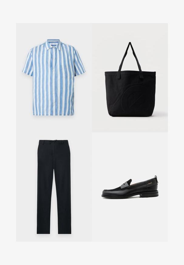 Camisa de manga corta en rayas verticales azul claro y blanco, confeccionada en lino con cuello pico y un bolsillo en el pecho.; Pantalones negros de material ligero, con corte recto, cintura ajustable con cordón y dos bolsillos laterales.; Mocasín de cuero negro con detalle de tira gris, tacón bajo y suela texturizada, con la marca "HUGO" en oro en el lateral.; Bolsa tote de lona negra con dos correas para el hombro y un diseño circular en relieve sutil en el frente.