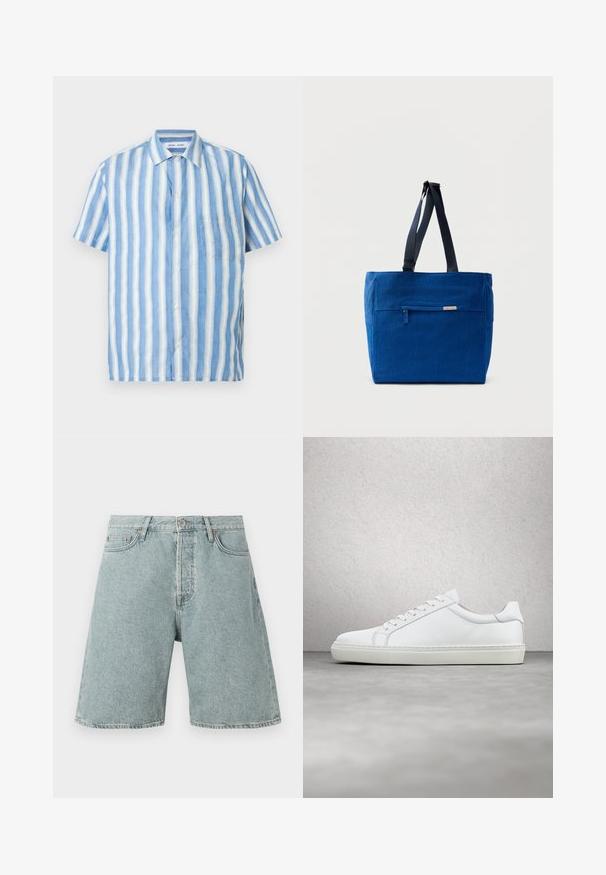 Korte mouwen overhemd in lichtblauw en wit met verticale strepen, gemaakt van linnen met een puntige kraag en een enkele borstzak.; Lichtblauwe denim shorts met een relaxed fit, vijf zakken en een knoopsluiting. Verweerde textuur met zichtbare stikdetails.; Witte sneaker met een gladlederen bovenwerk en een laag profiel. Voorzien van een ronde neus, zes vetergaatjes en een gestructureerde rubberen zool.; Blauwe canvas boodschappentas met een voorvak met rits, dubbele schouderbanden en een rechthoekige vorm. Heeft een subtiel merklabel.