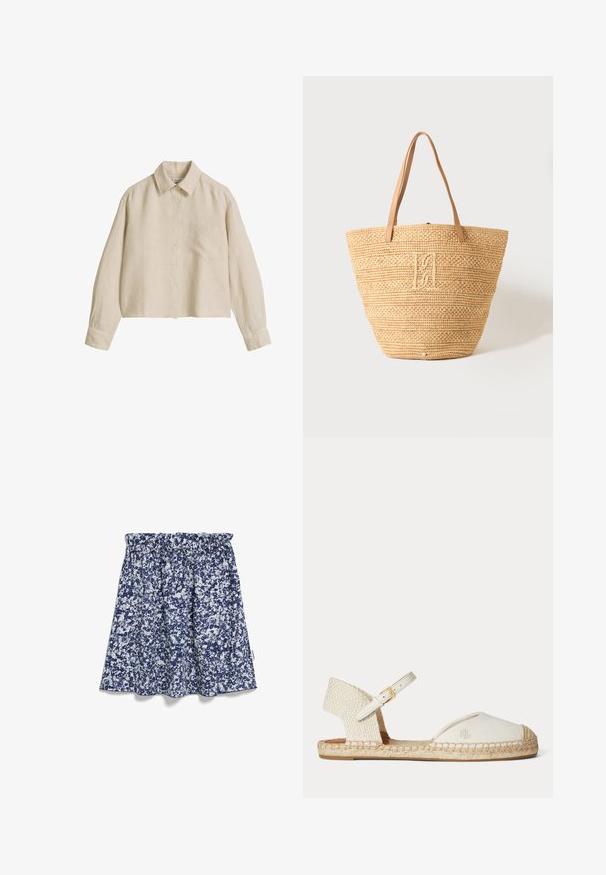 Beige linnen overhemd met lange mouwen, knopen aan de voorkant, borstzak aan de linkerzijde, klassieke kraag en geribde manchetten met knopen.; Blauwe en witte gestreepte rok met een elastische tailleband. Het materiaal lijkt lichtgewicht met een vloeiende uitstraling en een iets gerimpelde zoom.; Witte espadrille sandaal met gevlochten hak, enkelriem met gouden gesp en "RL" logo op canvas teenkap, platte jutesoel.; Beige gevlochten stro draagtas met twee bruine leren handvatten en een subtiel geborduurd monogram aan de voorkant in het midden.